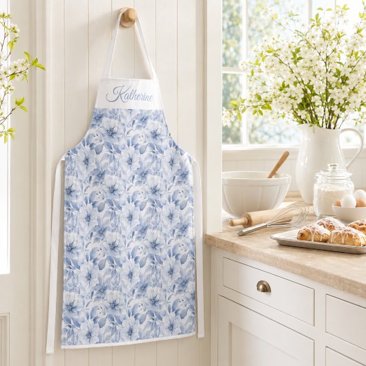 Modern Blauw Waterverf Bloemmotief Schort