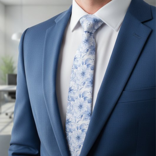 Modern Blauw Waterverf Bloemmotief Stropdas
