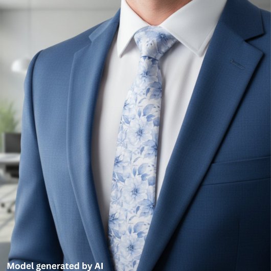 Modern Blauw Waterverf Bloemmotief Stropdas