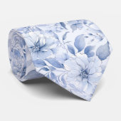 Modern Blauw Waterverf Bloemmotief Stropdas (Opgerold)