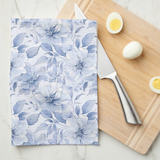 Modern Blauw Waterverf Bloemmotief Theedoek (Quarter Fold)