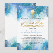 Modern Blauw Waterverf Jongen Eerste Heilige Commu Kaart (Voorkant / Achterkant)