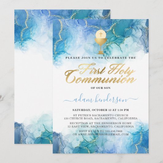 Modern Blauw Waterverf Jongen Eerste Heilige Commu Kaart (Voorkant / Achterkant)