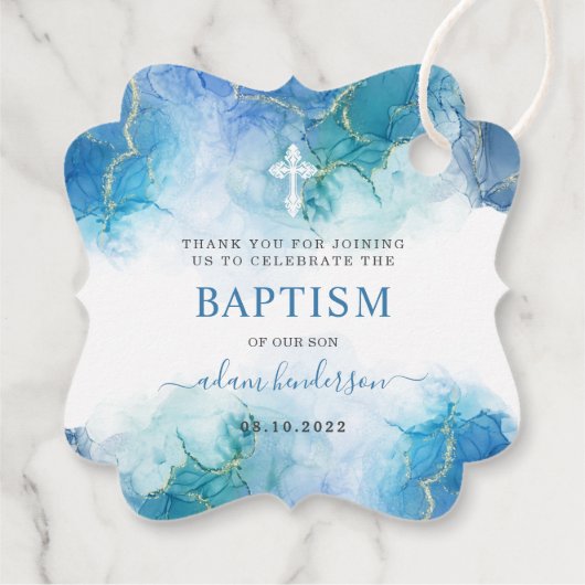 Modern blauw Waterverf jongensdoop dank u Bedankjes Labels (Achterkant)