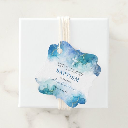 Modern blauw Waterverf jongensdoop dank u Bedankjes Labels (In situ)