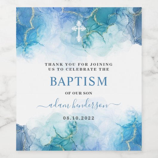 Modern blauw Waterverf jongensdoop dank u Wijn Etiket (Enkel label)