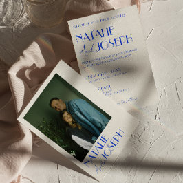 Modern Blauw Whimsical Frans Retro foto bruiloft Kaart