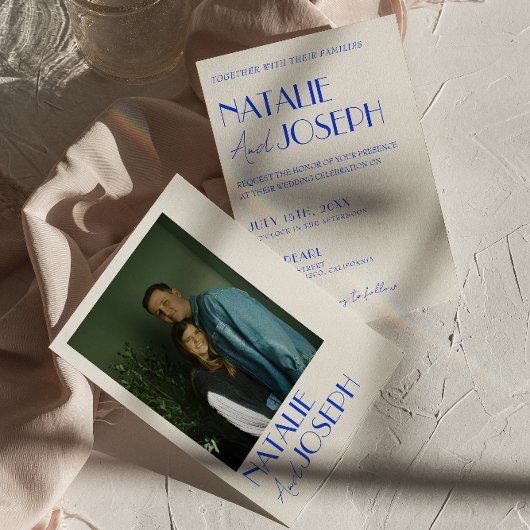 Modern Blauw Whimsical Frans Retro foto bruiloft Kaart