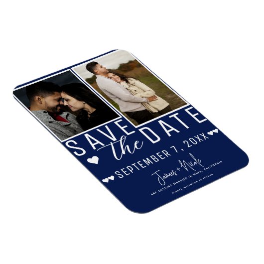Modern Blauw & Wit Bewaar de datum 2 Foto Bruiloft Magneet (Rechterzijde)