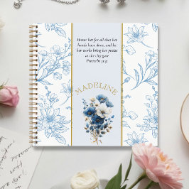 Modern Blauw Wit Bloemen Bijbel Verse Custom Name Notitieboek