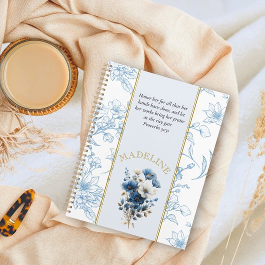 Modern Blauw Wit Bloemen Bijbel Verse Custom Name Planner