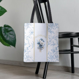 Modern Blauw Wit Bloemen Bijbel Verse Custom Name Tote Bag