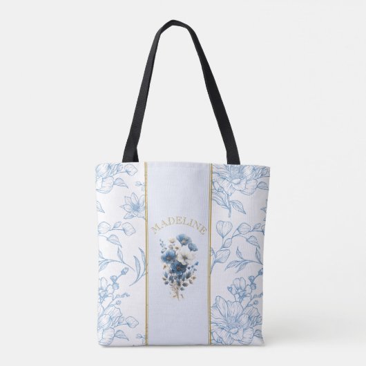 Modern Blauw Wit Bloemen Bijbel Verse Custom Name Tote Bag (Achterkant)