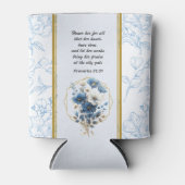 Modern Blauw Wit Bloemen Bijbel Verse Monogram Blikjeskoeler (Voorkant)