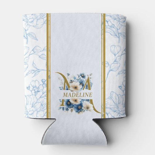 Modern Blauw Wit Bloemen Bijbel Verse Monogram Blikjeskoeler (Achterkant)