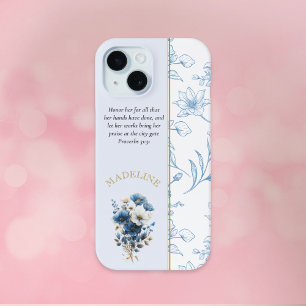 Modern Blauw Wit Bloemen Bijbelvers iPhone 15 Case
