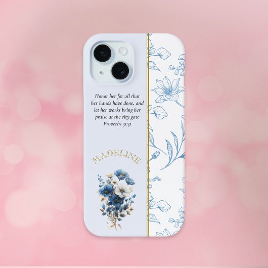 Modern Blauw Wit Bloemen Bijbelvers Case-Mate iPhone Case