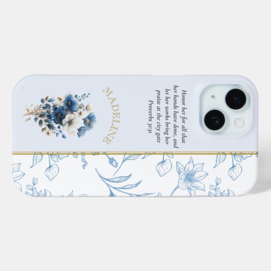 Modern Blauw Wit Bloemen Bijbelvers Case-Mate iPhone Case (Achterkant (horizontaal))