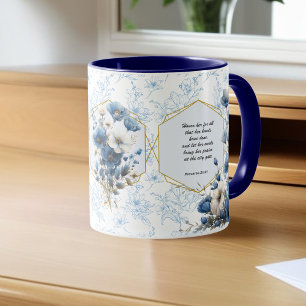 Modern Blauw Wit Bloemen Bijbelvers Mok