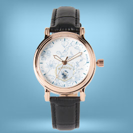 Modern Blauw Wit Bloemen Custom Name Horloge