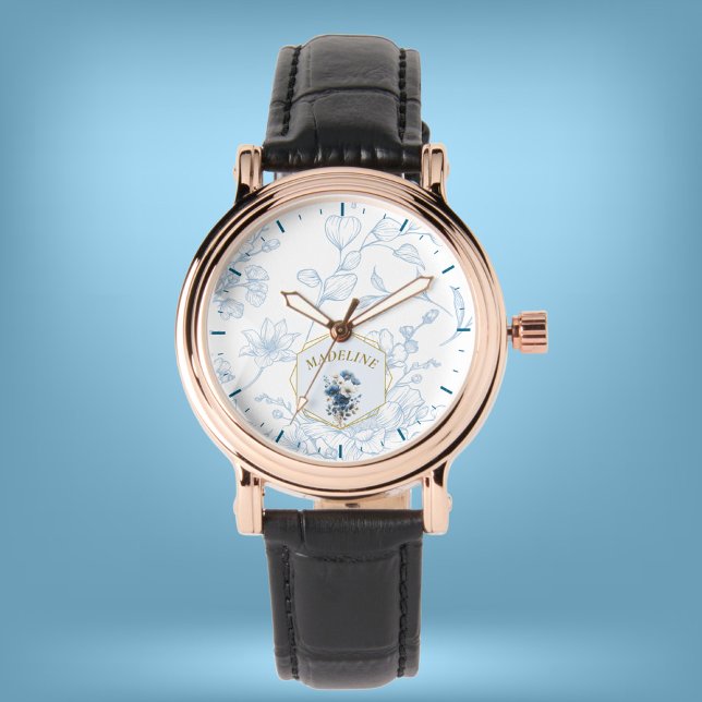 Modern Blauw Wit Bloemen Custom Name Horloge (Creator heeft geüpload)