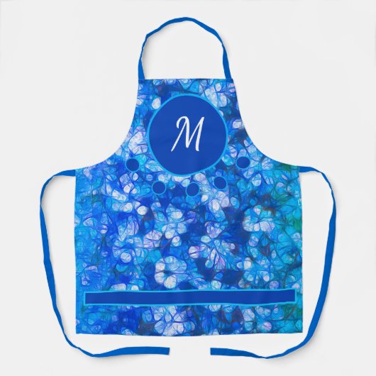 Modern Blauw Wit Bloemen Waterverf Monogram Schort (Voorkant)