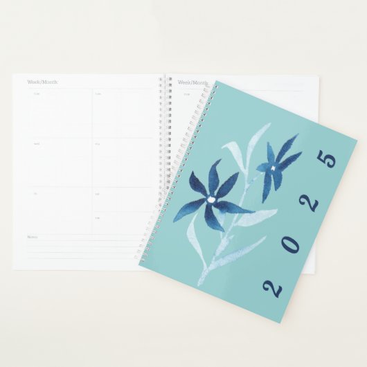 Modern Blauw Wit Bloemen Waterverf Turquoise Planner (Display)