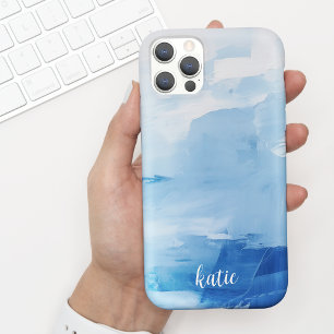 Modern blauw + wit geschilderde kunst w / naam iPhone 15 case