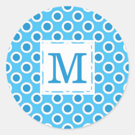 Modern Blauw Wit Grote Stippen Monogrammed Ronde Sticker