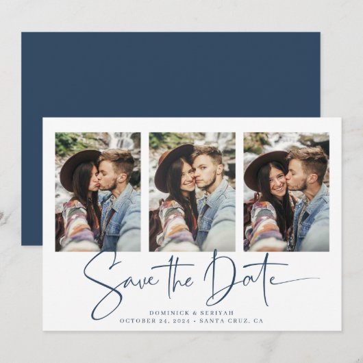 Modern Blauw Wit Handgeschreven sparen de Datum Save The Date (Voorkant / Achterkant)