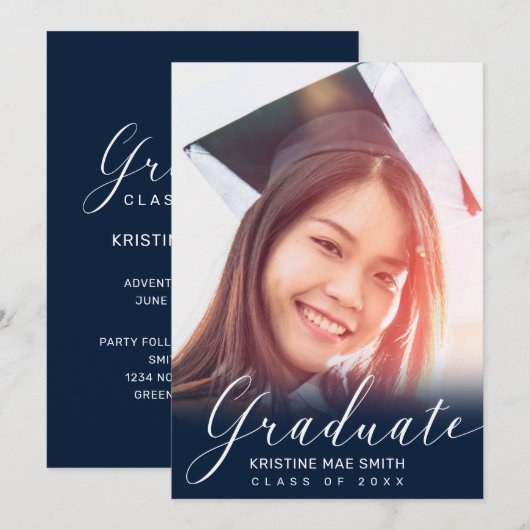 Modern Blauw Wit Kalligrafie Foto Afstuderen Kaart (Voorkant / Achterkant)