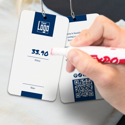 Modern Blauw Wit Logo QR Code Kledingstuk Prijs La Visitekaartje