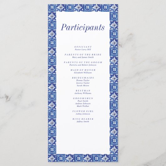 Modern Blauw Wit Mediterraan Bruiloft Programmakaart (Achterkant)