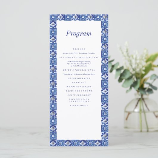 Modern Blauw Wit Mediterraan Bruiloft Programmakaart (Staand voorkant)