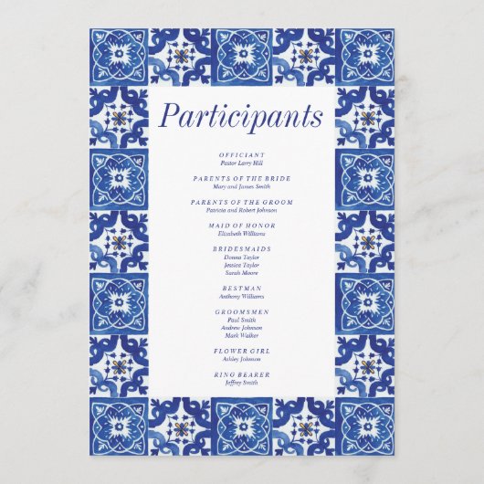 Modern Blauw Wit Mediterraan Bruiloft Programmakaart (Achterkant)