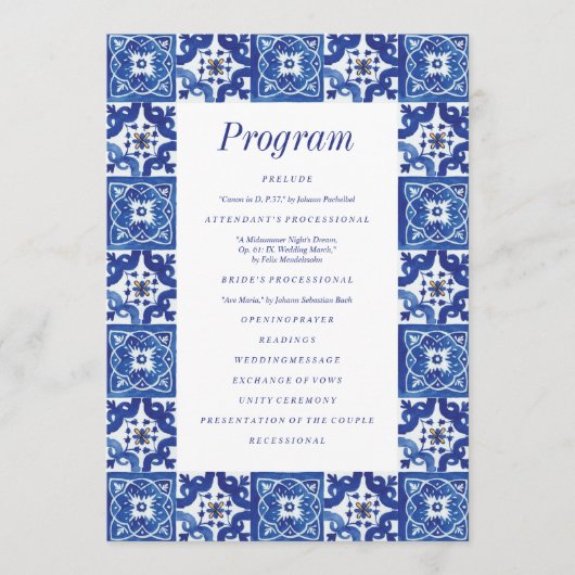 Modern Blauw Wit Mediterraan Bruiloft Programmakaart (Voorkant)