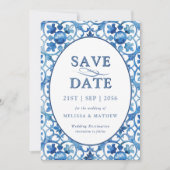 Modern Blauw Wit Mediterraan Bruiloft Save The Date (Voorkant)