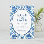 Modern Blauw Wit Mediterraan Bruiloft Save The Date (Staand voorkant)