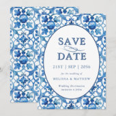 Modern Blauw Wit Mediterraan Bruiloft Save The Date (Voorkant / Achterkant)