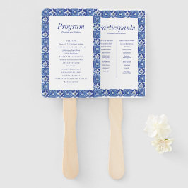 Modern blauw wit mediterraan huwelijksprogramma handwaaier