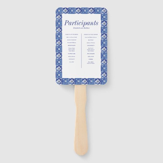 Modern blauw wit mediterraan huwelijksprogramma handwaaier (Achterkant)