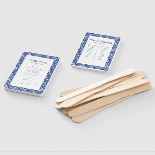 Modern blauw wit mediterraan huwelijksprogramma handwaaier (Niet-gemonteerd)