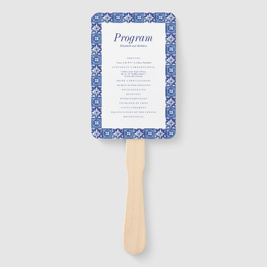 Modern blauw wit mediterraan huwelijksprogramma handwaaier (Voorkant)