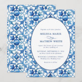 Modern Blauw Wit Mediterraan Waterverf bruiloft Kaart (Voorkant / Achterkant)