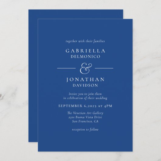 Modern Blauw Wit Monogram Bruiloft Kaart (Voorkant / Achterkant)