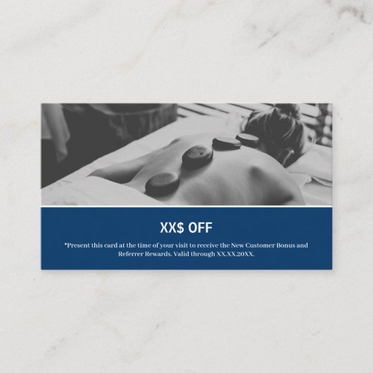 Modern Blauw Wit Nieuwe Klant Advocate Beloning Aanbevelingskaartje (Voorkant)