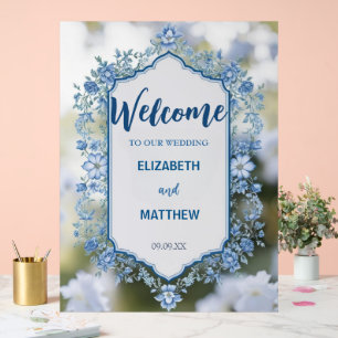 Modern Blauw & Wit Overlay Bloemen bruiloft Acryl Bord