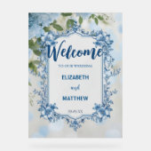 Modern Blauw & Wit Overlay Bloemen bruiloft Acryl Bord (Voorkant)