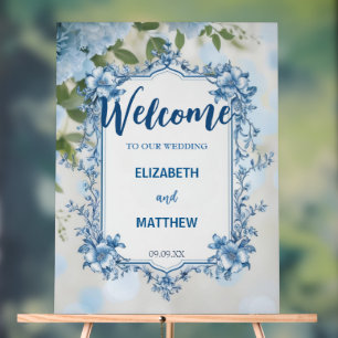 Modern Blauw & Wit Overlay Bloemen bruiloft Acryl Bord