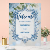 Modern Blauw & Wit Overlay Bloemen bruiloft Acryl Bord (Huwelijk)